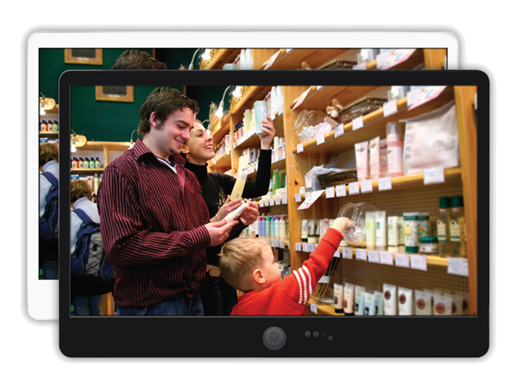 Two tabs displaying a couple and their child picking out cosmetics at a store