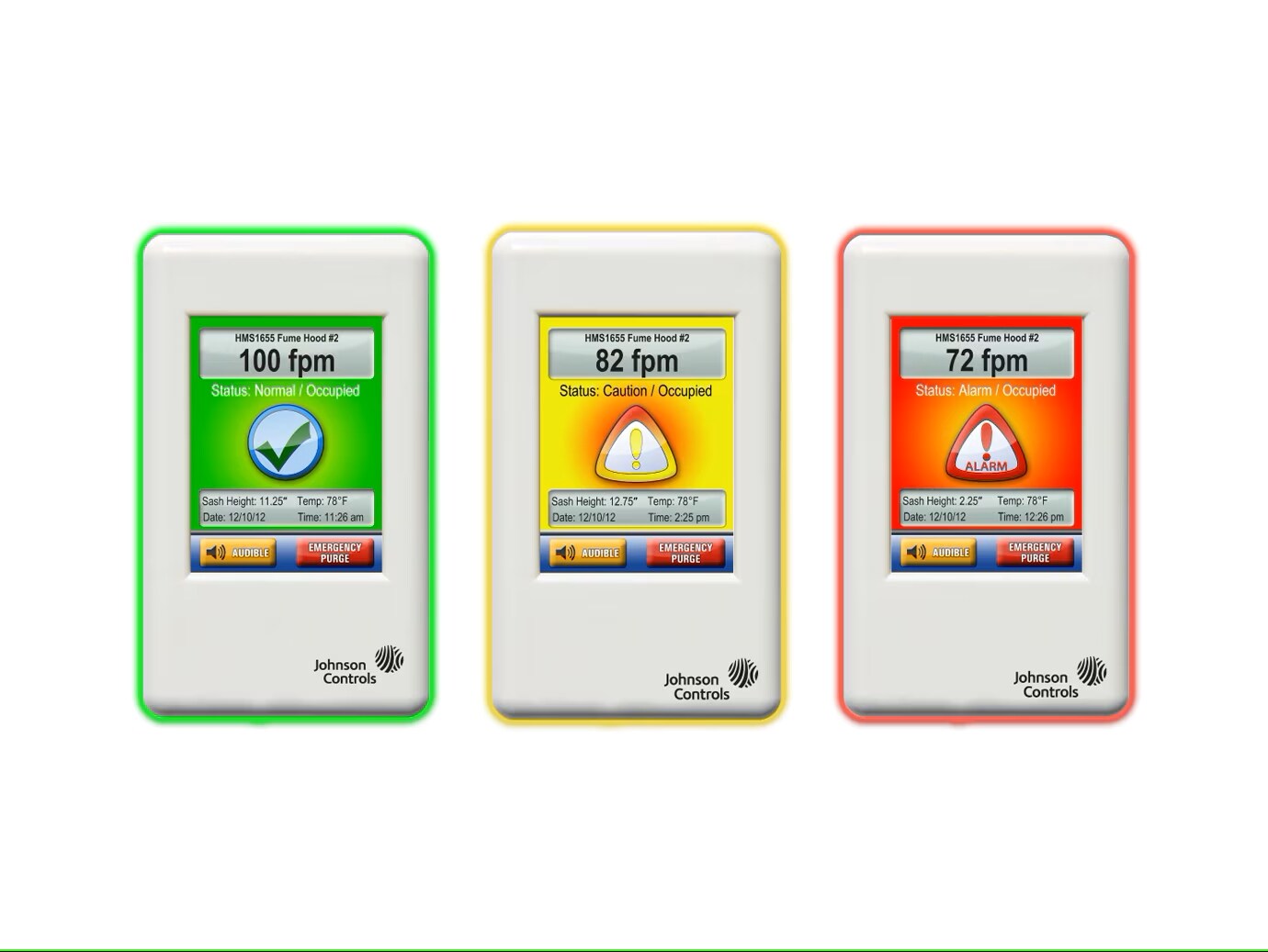 A set of three HMS-1655 Fume Hood Controllers in red, green and yellow