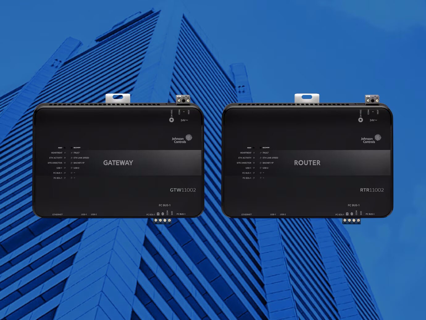 Router and gateway devices overlaid on an image of high-rise buildings