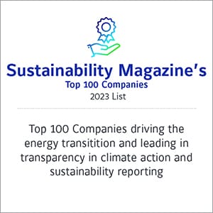 Sustainability Magazine's Top 100 Companies 2023 recognition logo