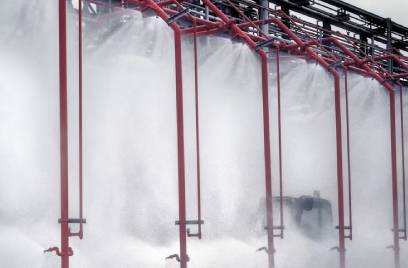 A fire deluge system in operation