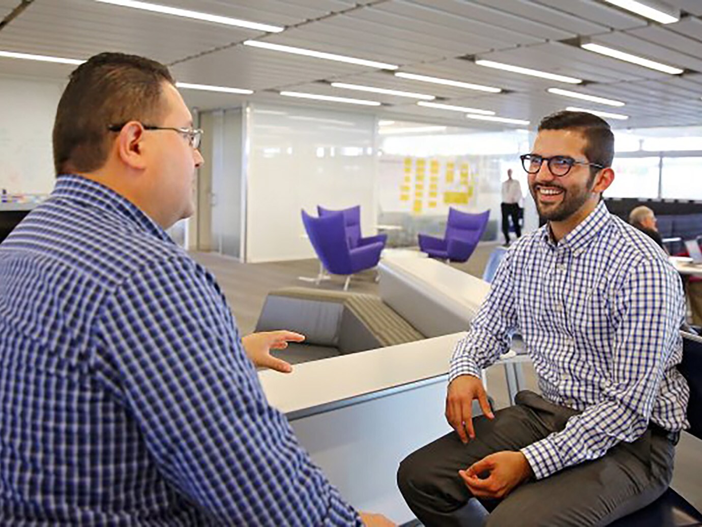 Two male employees having a hearty discussion in an office