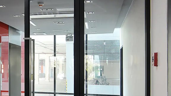 A glass door in a building